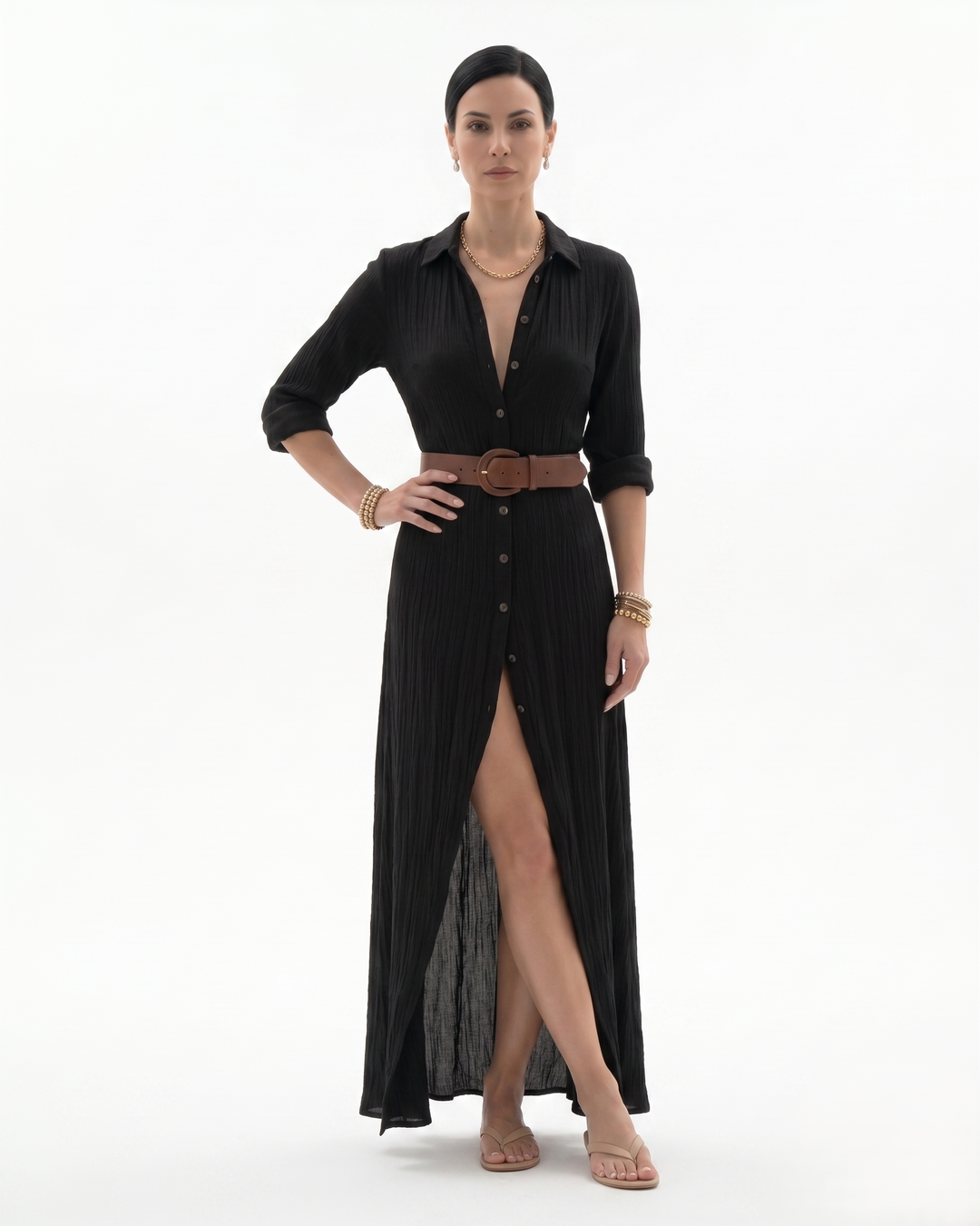 Siopie | Women’s Collared Button Front Maxi Dress