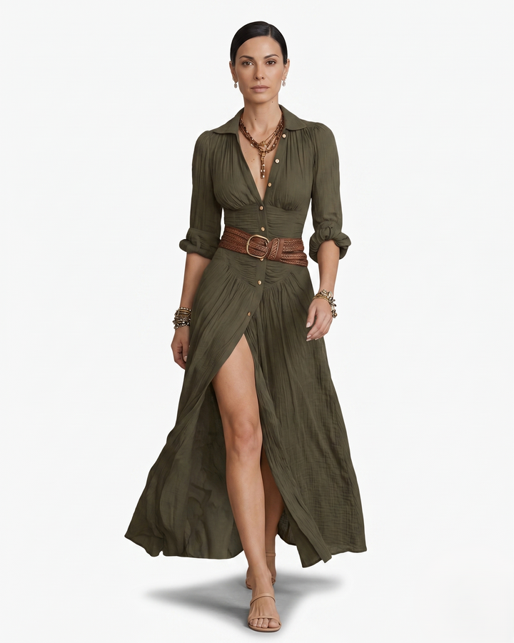 Siopie | Women’s Collared Button Front Maxi Dress