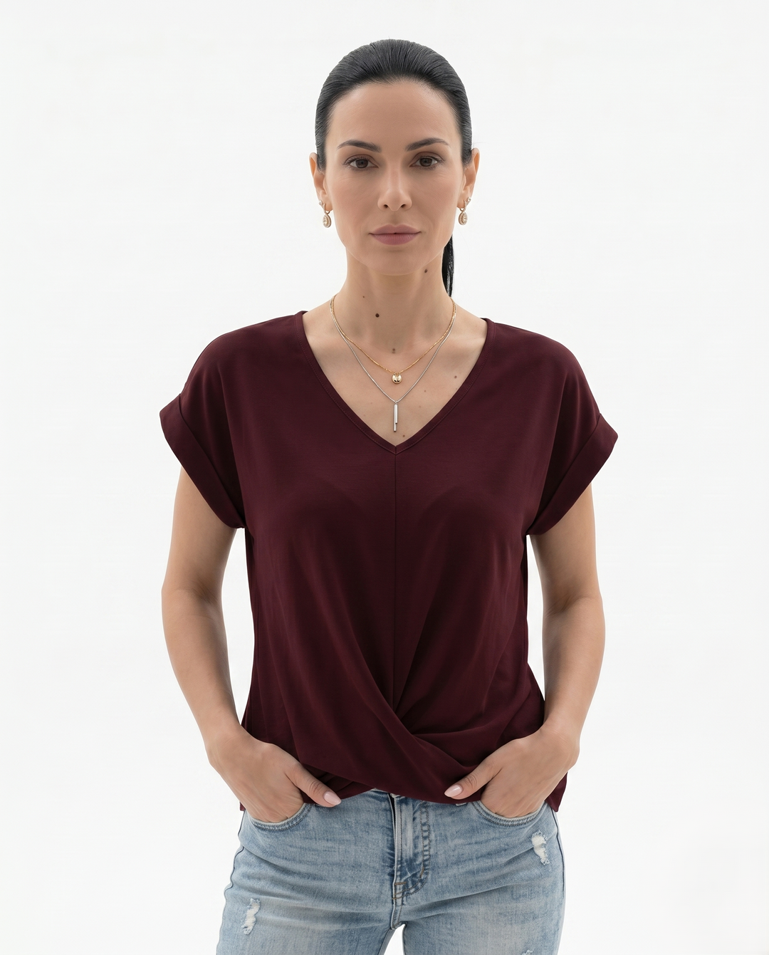Siopie | Women’s Draped V-Neck Twist Front Blouse