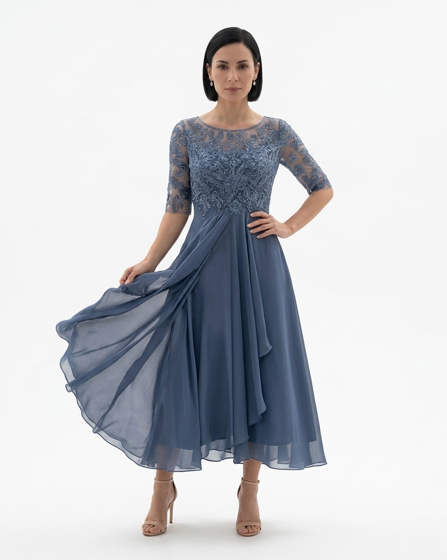 Siopie | Women’s Embroidered Lace Chiffon Midi Dress