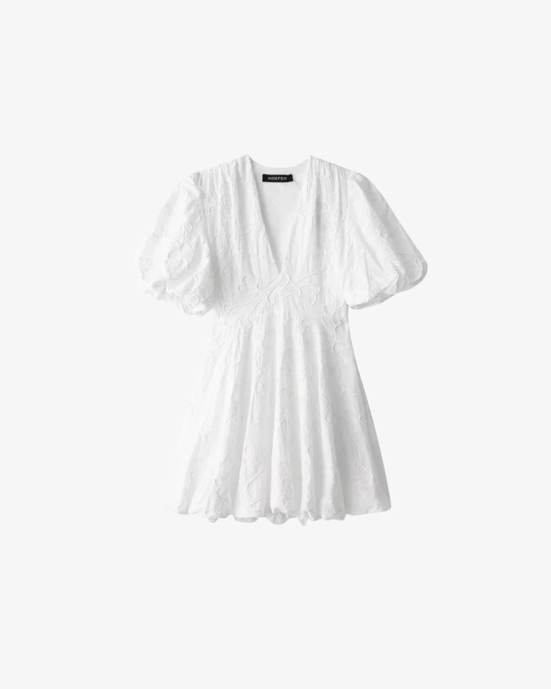 Embroidered V Neck Mini Dress Puff Sleeve A Line
