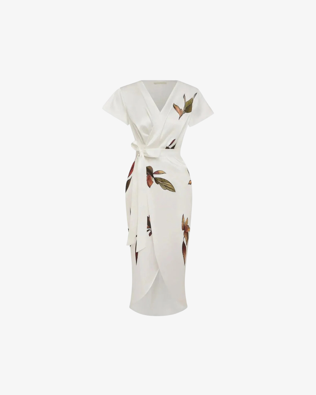 Floral Print Wrap Midi Dress V Neck Flutter Sleeve Tie Waist Asymmetrical Hem