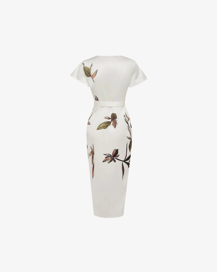 Floral Print Wrap Midi Dress V Neck Flutter Sleeve Tie Waist Asymmetrical Hem