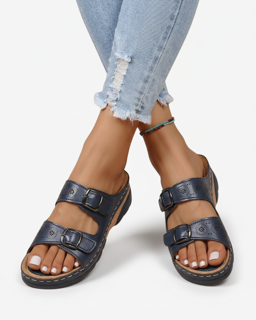 Slide Sandals Low Wedge Double Buckle Open Toe