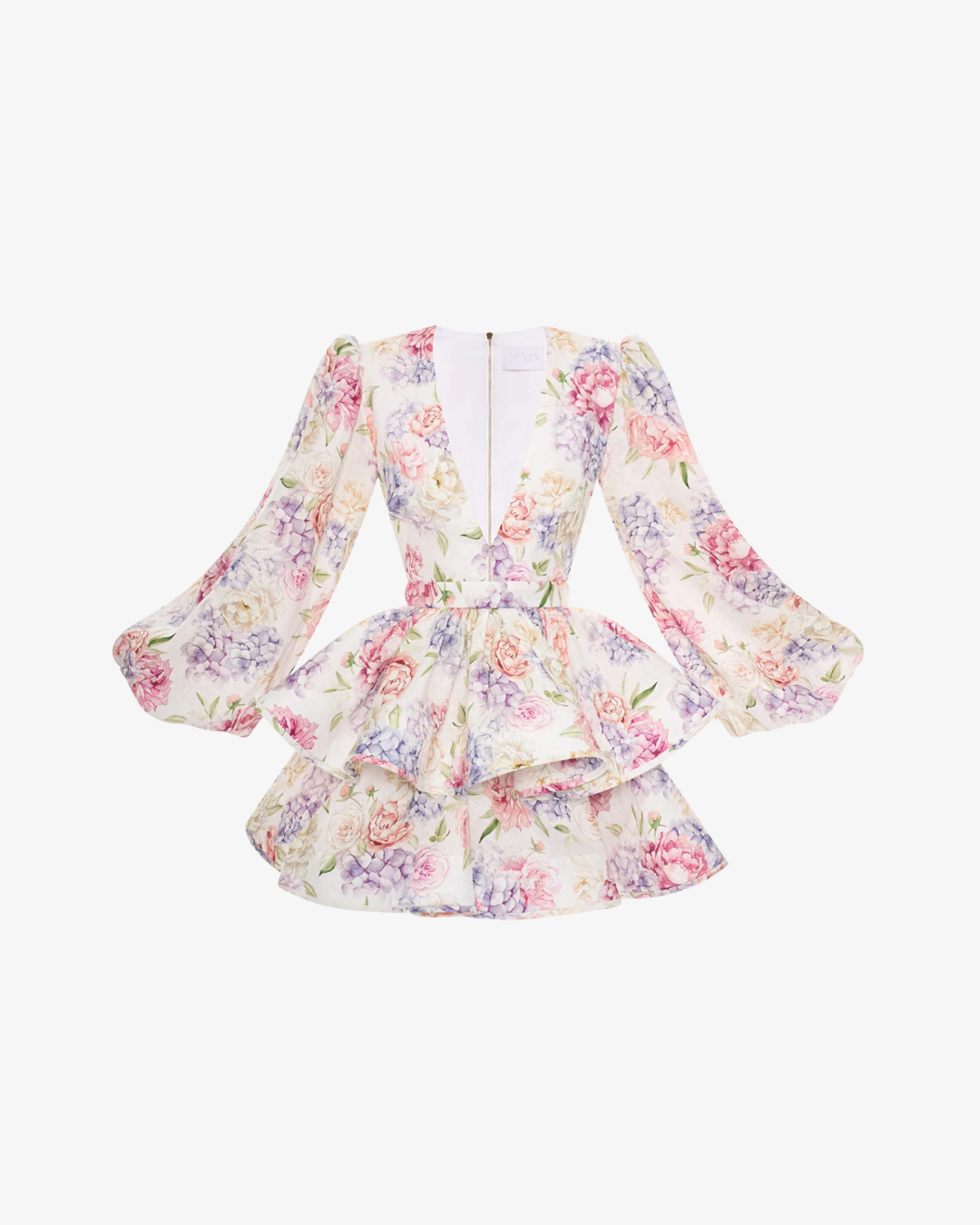 Floral Print Mini Dress Deep V Neck Puff Sleeve Tiered Ruffle Hem