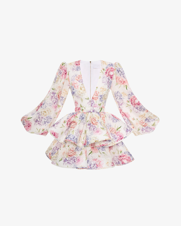 Floral Print Mini Dress Deep V Neck Puff Sleeve Tiered Ruffle Hem