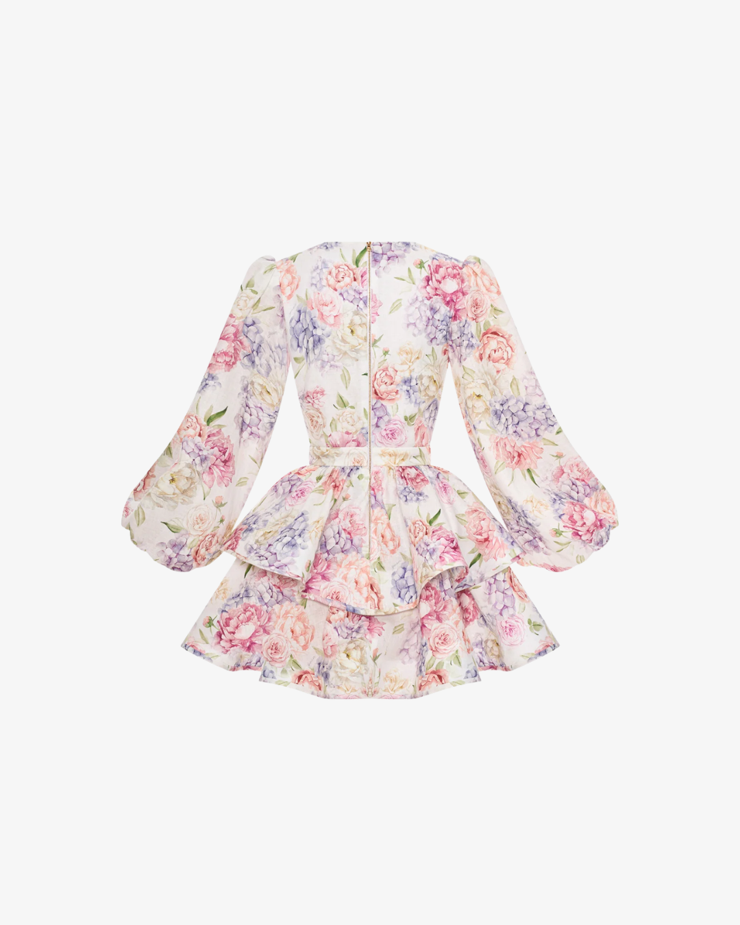 Floral Print Mini Dress Deep V Neck Puff Sleeve Tiered Ruffle Hem