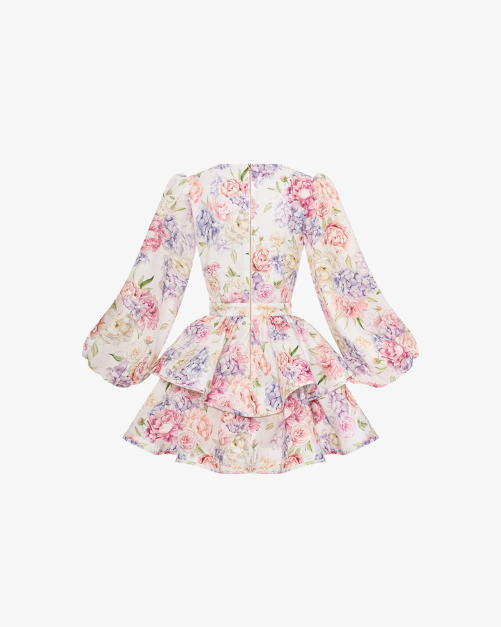 Floral Print Mini Dress Deep V Neck Puff Sleeve Tiered Ruffle Hem