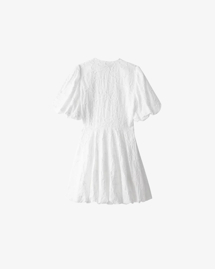 Embroidered V Neck Mini Dress Puff Sleeve A Line