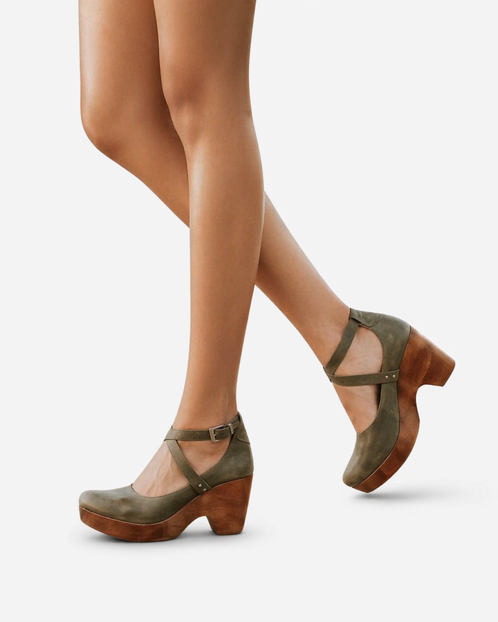 Siopie | Women’s Cross Strap Leather Clog Heels