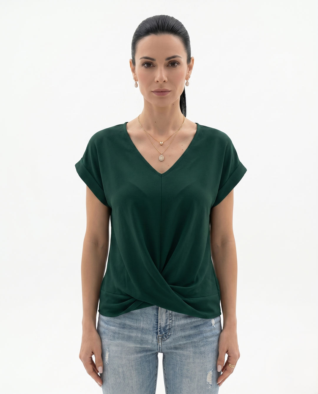 Siopie | Women’s Draped V-Neck Twist Front Blouse