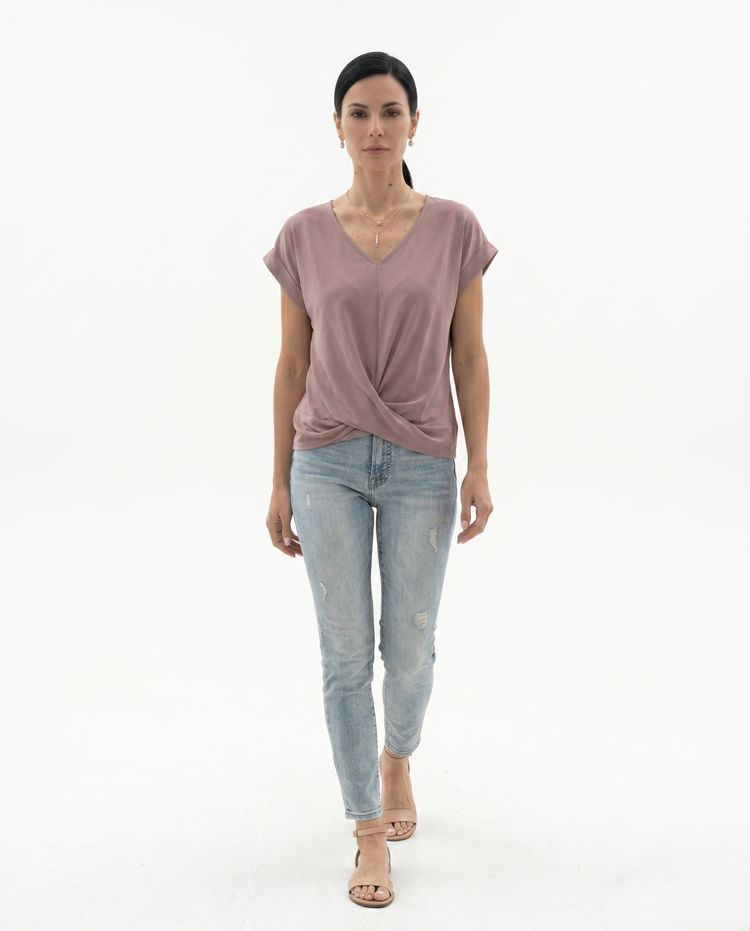 Siopie | Women’s Draped V-Neck Twist Front Blouse