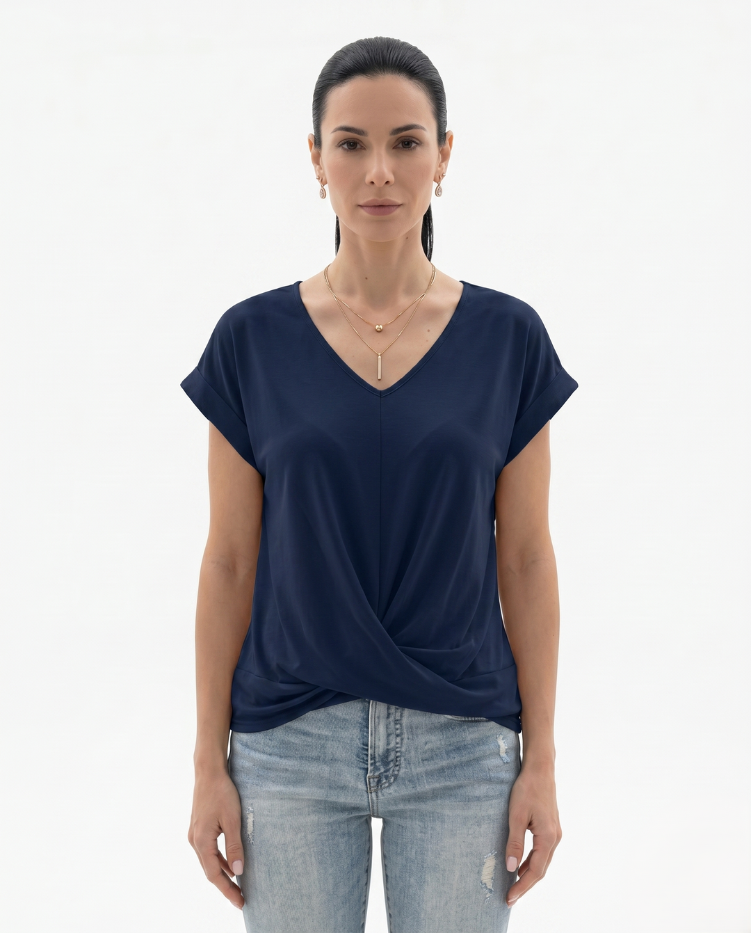 Siopie | Women’s Draped V-Neck Twist Front Blouse