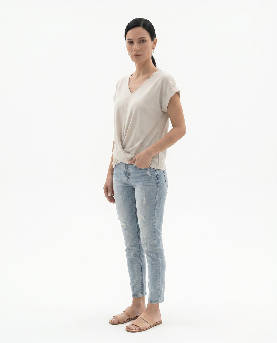 Siopie | Women’s Draped V-Neck Twist Front Blouse