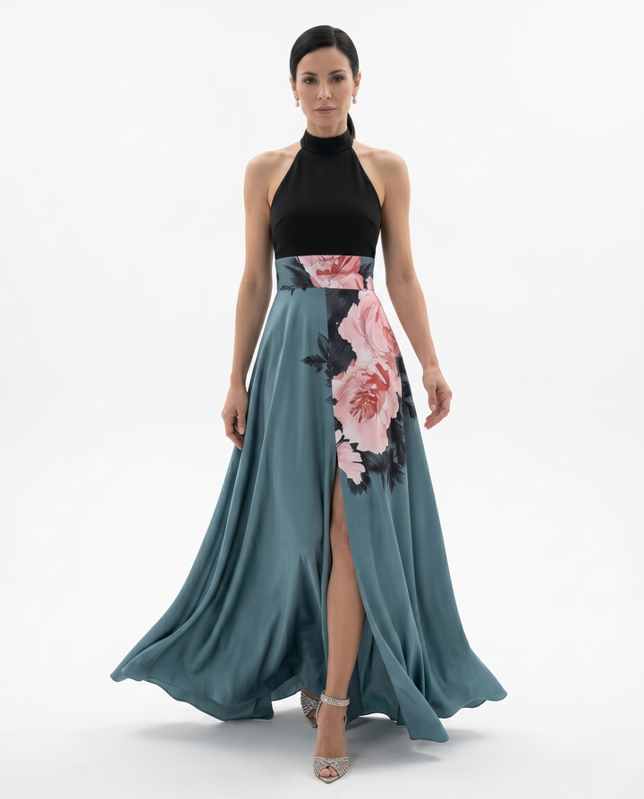 Siopie | Women’s Floral Panel Satin Maxi Dress