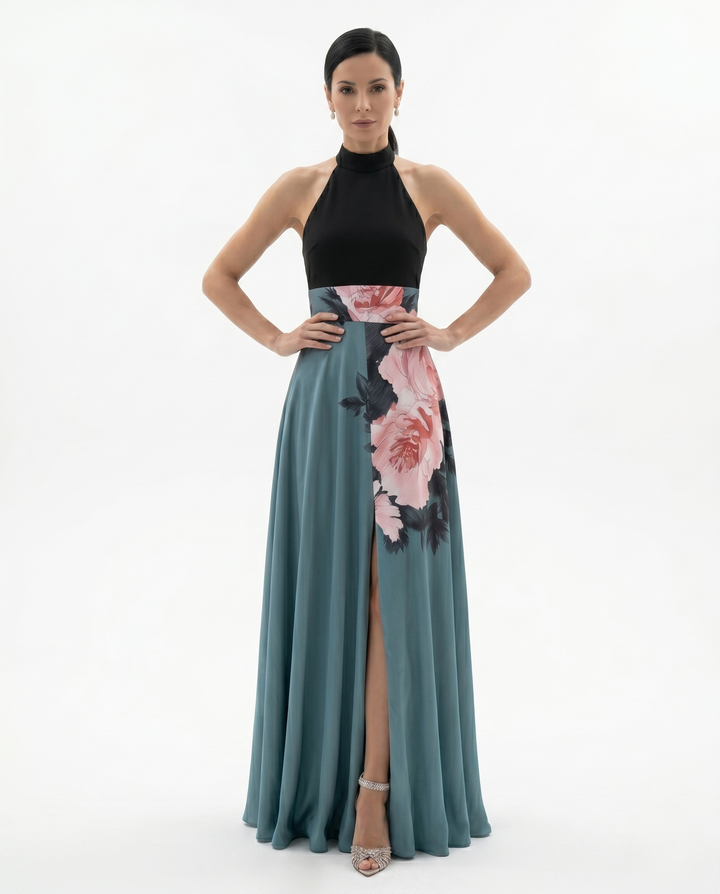 Siopie | Women’s Floral Panel Satin Maxi Dress
