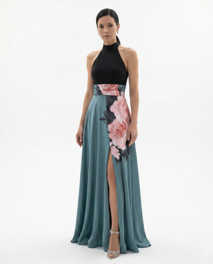 Siopie | Women’s Floral Panel Satin Maxi Dress