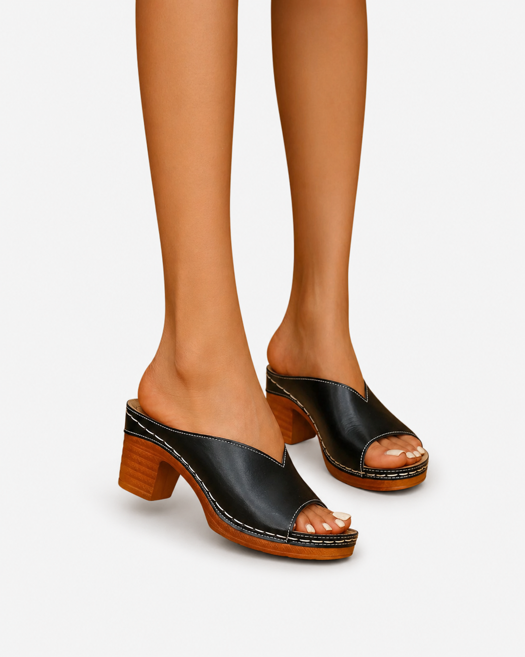 Siopie | Women’s Open Toe Leather Heeled Mules