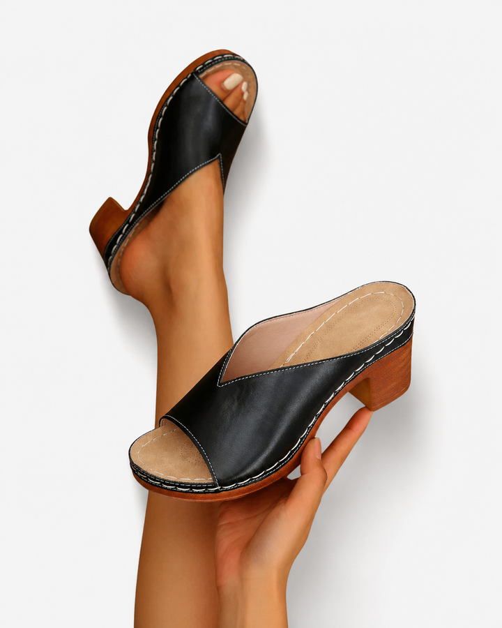 Siopie | Women’s Open Toe Leather Heeled Mules