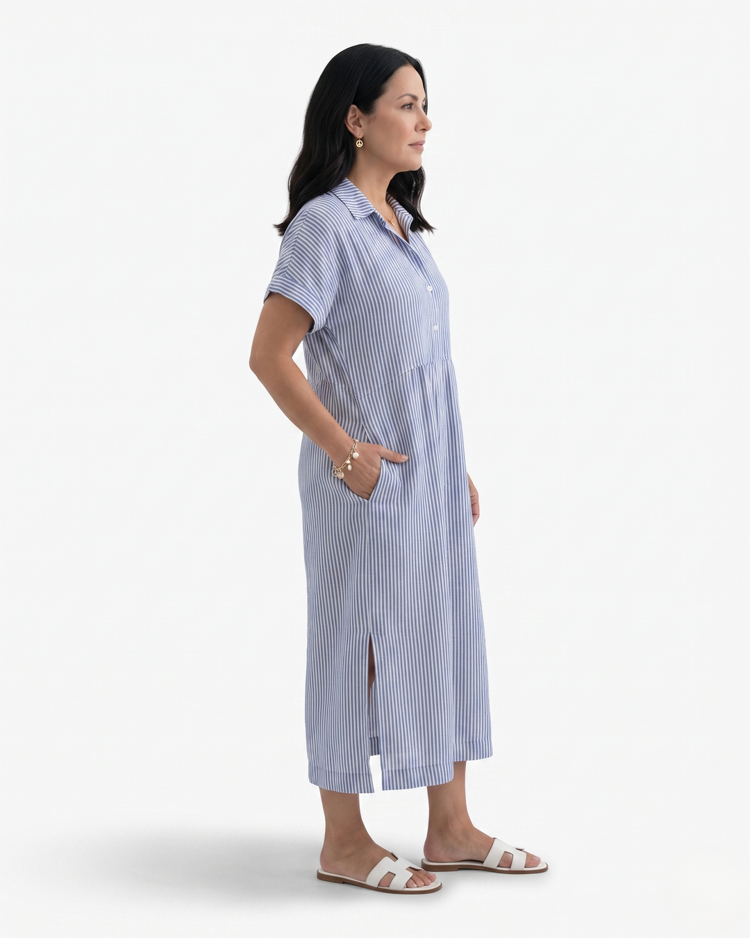 Siopie | Women’s Relaxed Stripe Button Front Midi Dress
