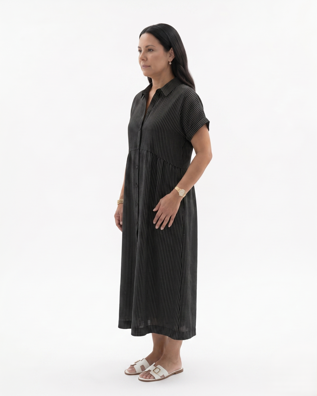 Siopie | Women’s Relaxed Stripe Button Front Midi Dress