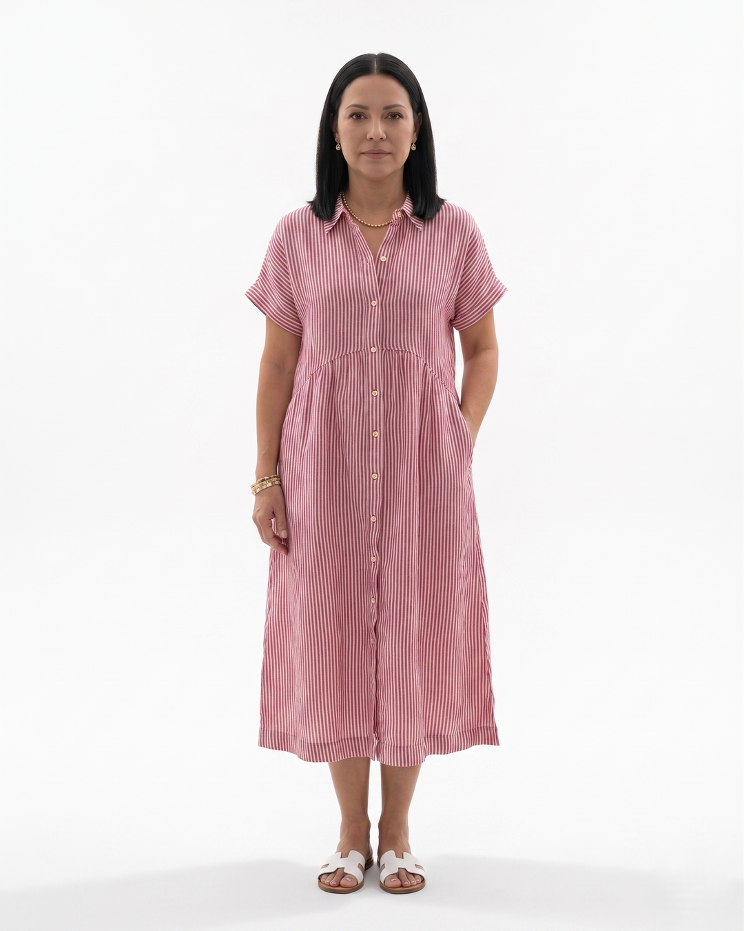 Siopie | Women’s Relaxed Stripe Button Front Midi Dress