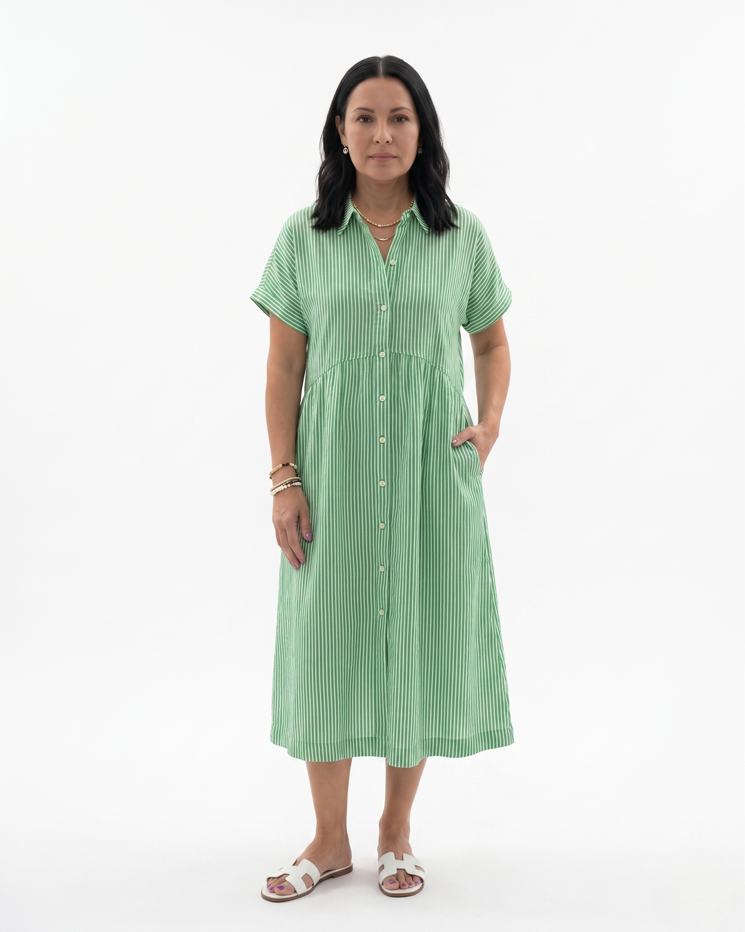 Siopie | Women’s Relaxed Stripe Button Front Midi Dress