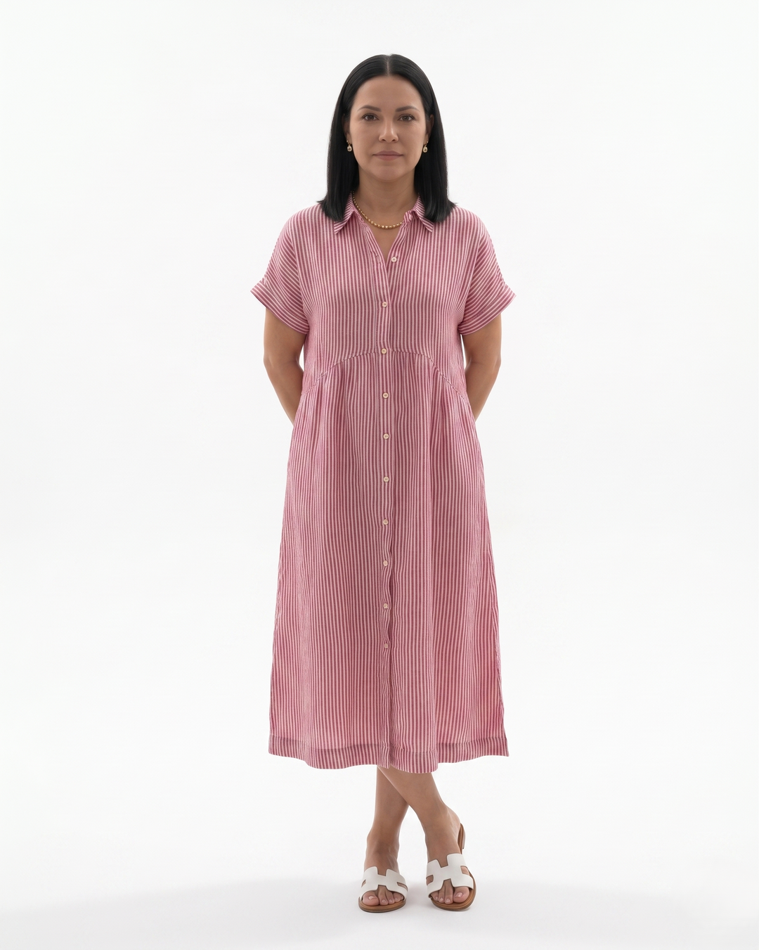 Siopie | Women’s Relaxed Stripe Button Front Midi Dress