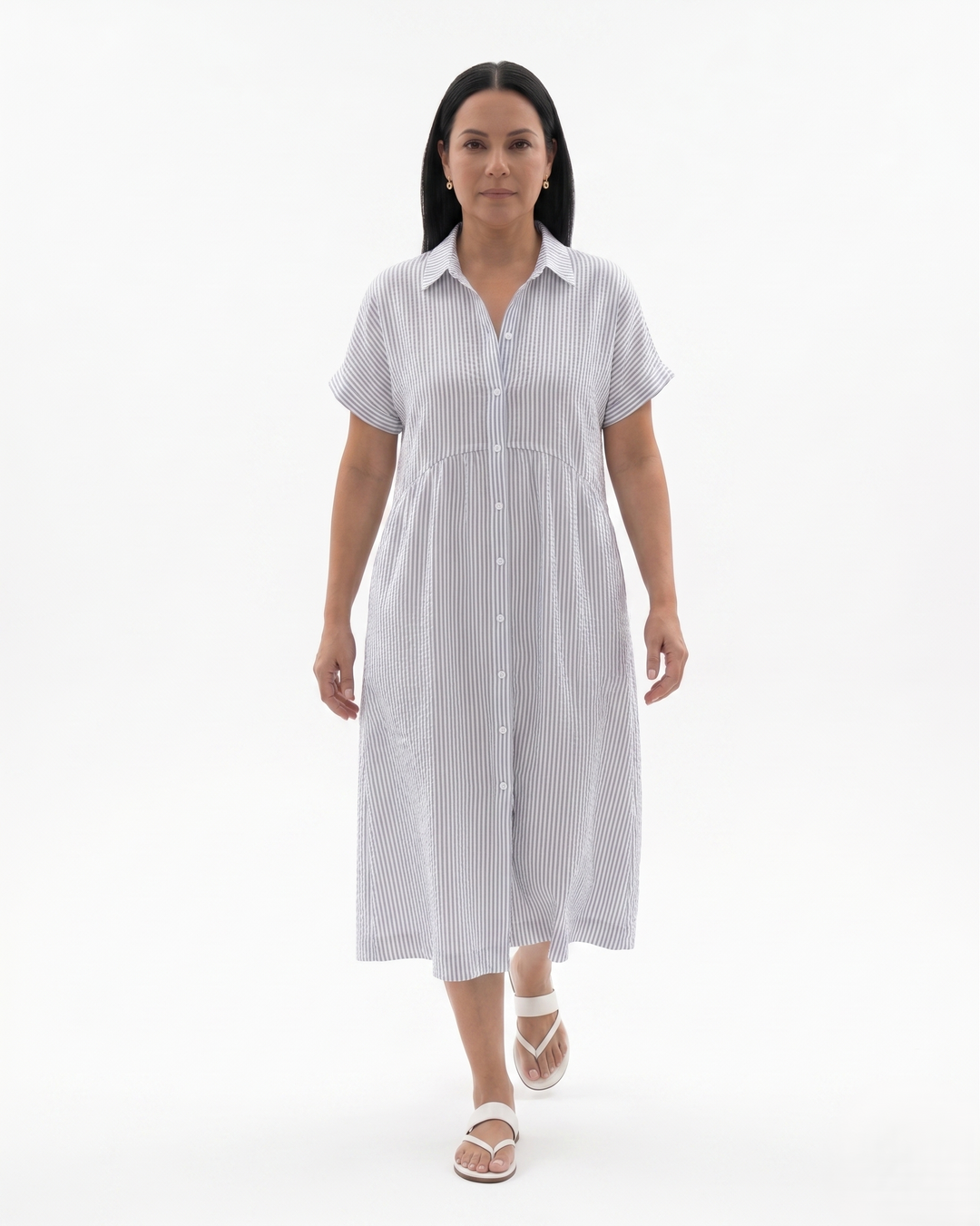 Siopie | Women’s Relaxed Stripe Button Front Midi Dress