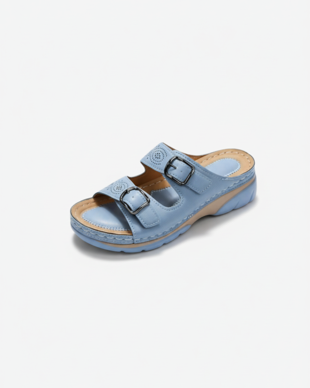 Slide Sandals Low Wedge Double Buckle Open Toe