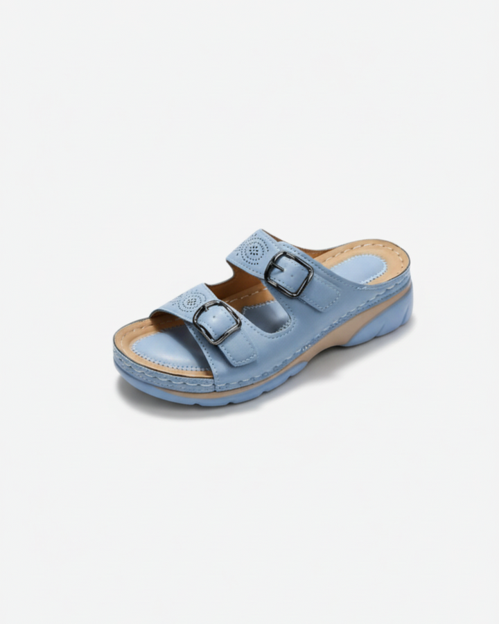 Slide Sandals Low Wedge Double Buckle Open Toe