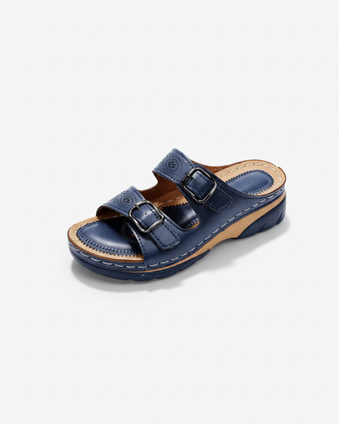 Slide Sandals Low Wedge Double Buckle Open Toe