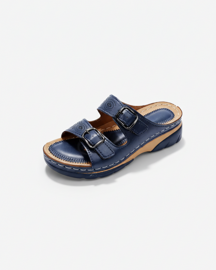 Slide Sandals Low Wedge Double Buckle Open Toe