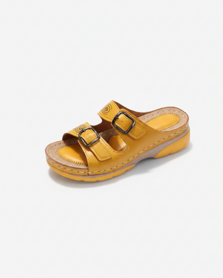 Slide Sandals Low Wedge Double Buckle Open Toe