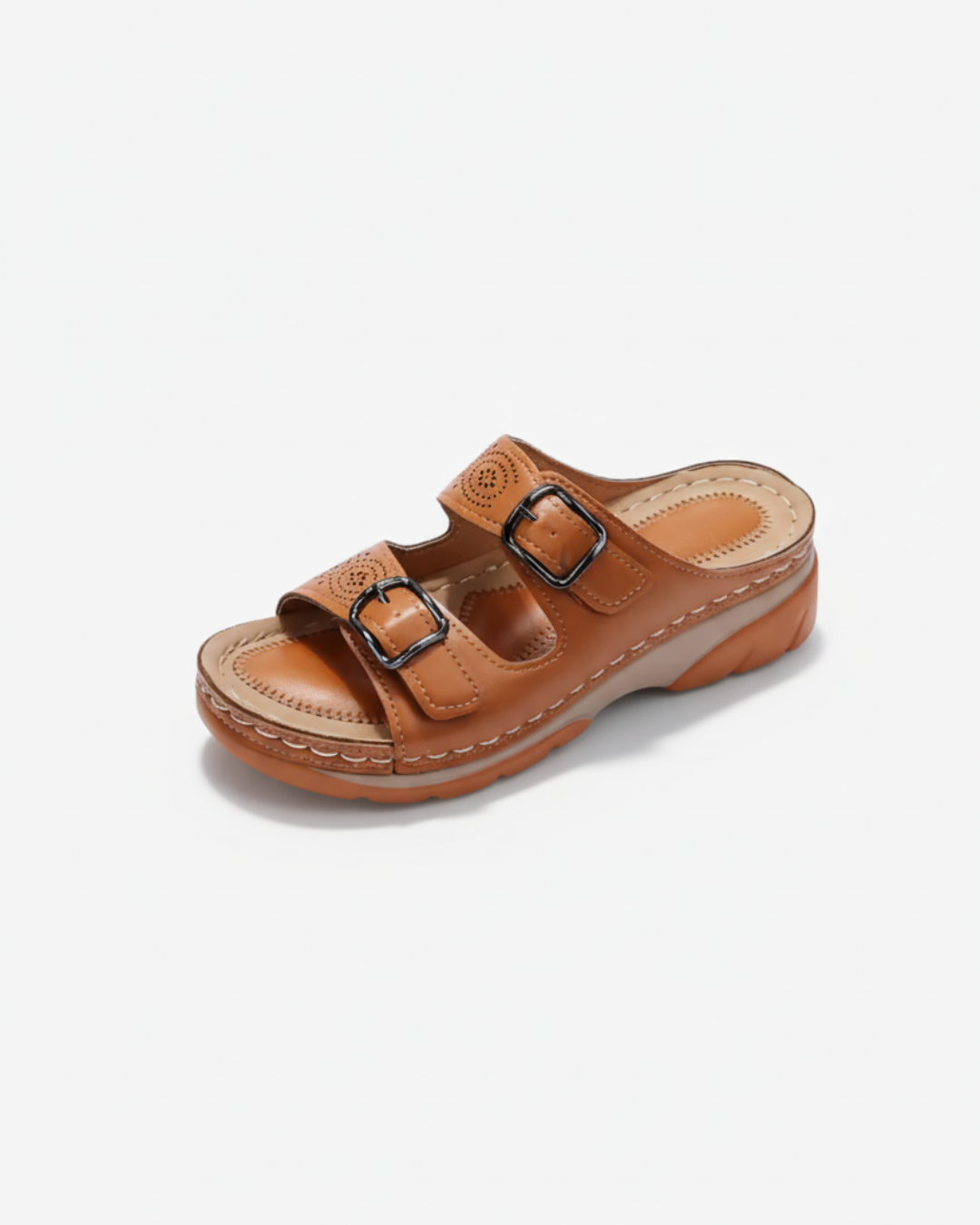 Slide Sandals Low Wedge Double Buckle Open Toe