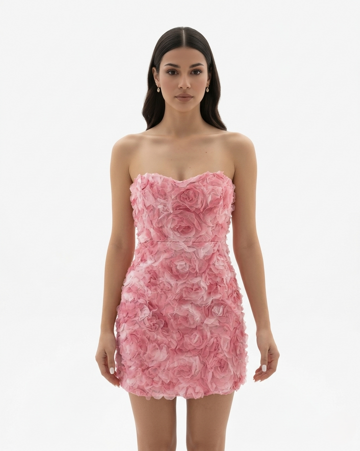 Strapless Floral Embellished Mini Dress Textured Bodycon