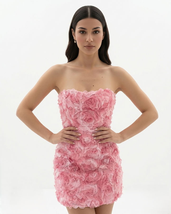 Strapless Floral Embellished Mini Dress Textured Bodycon
