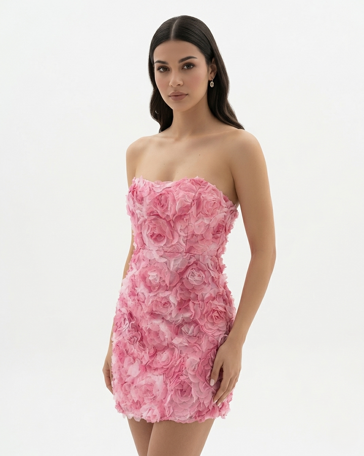 Strapless Floral Embellished Mini Dress Textured Bodycon
