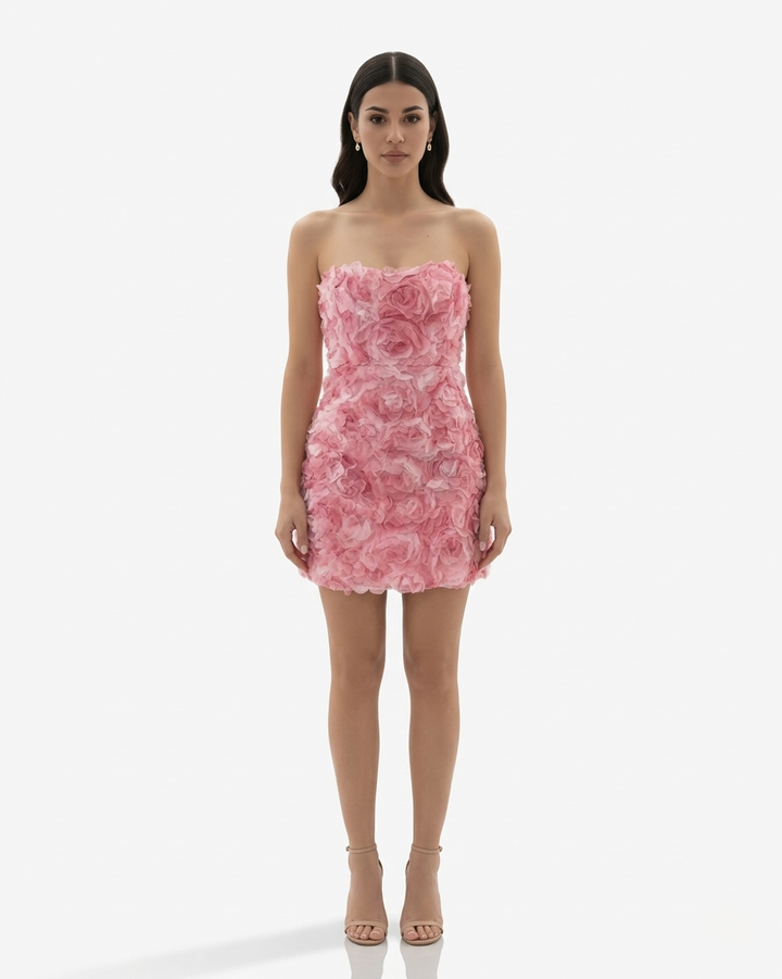 Strapless Floral Embellished Mini Dress Textured Bodycon