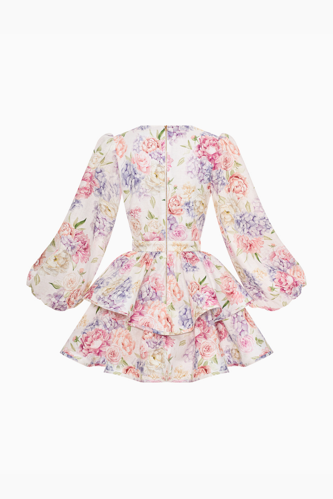 Kurzes Blumenkleid mit Puffärmeln und tiefem V-Ausschnitt für Damen