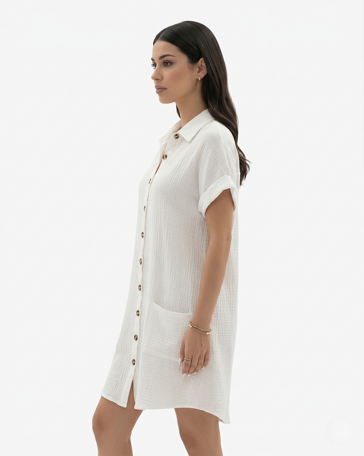 Button Down Shirt Dress Collared Rolled Cuff Sleeve with Pockets