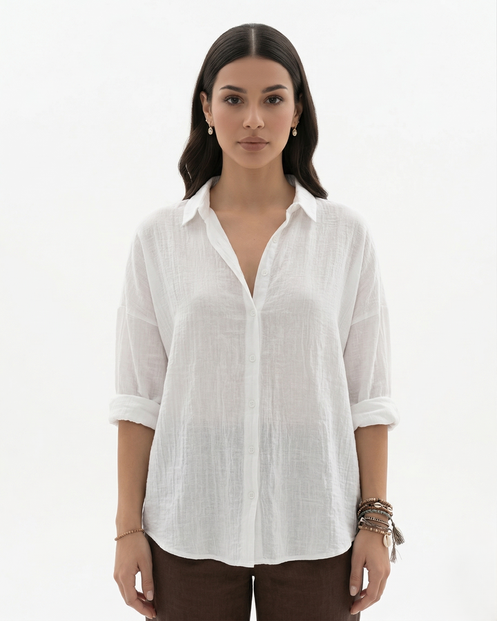 Collared Button Placket Linen Blend Long Sleeve