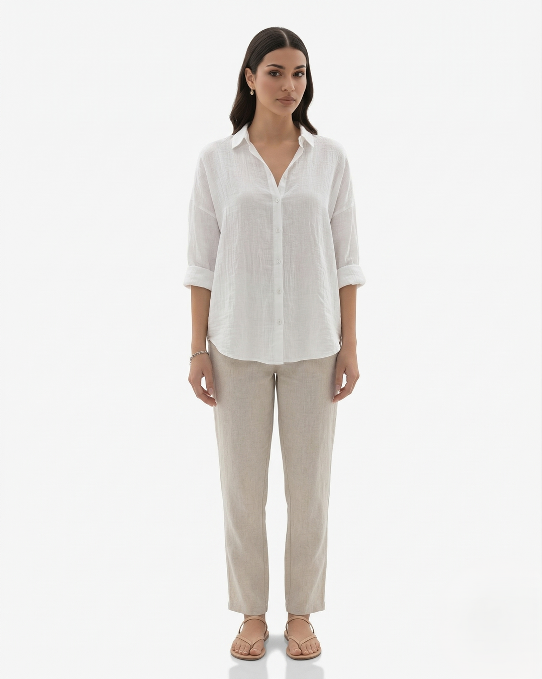 Collared Button Placket Linen Blend Long Sleeve