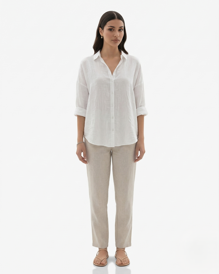 Collared Button Placket Linen Blend Long Sleeve