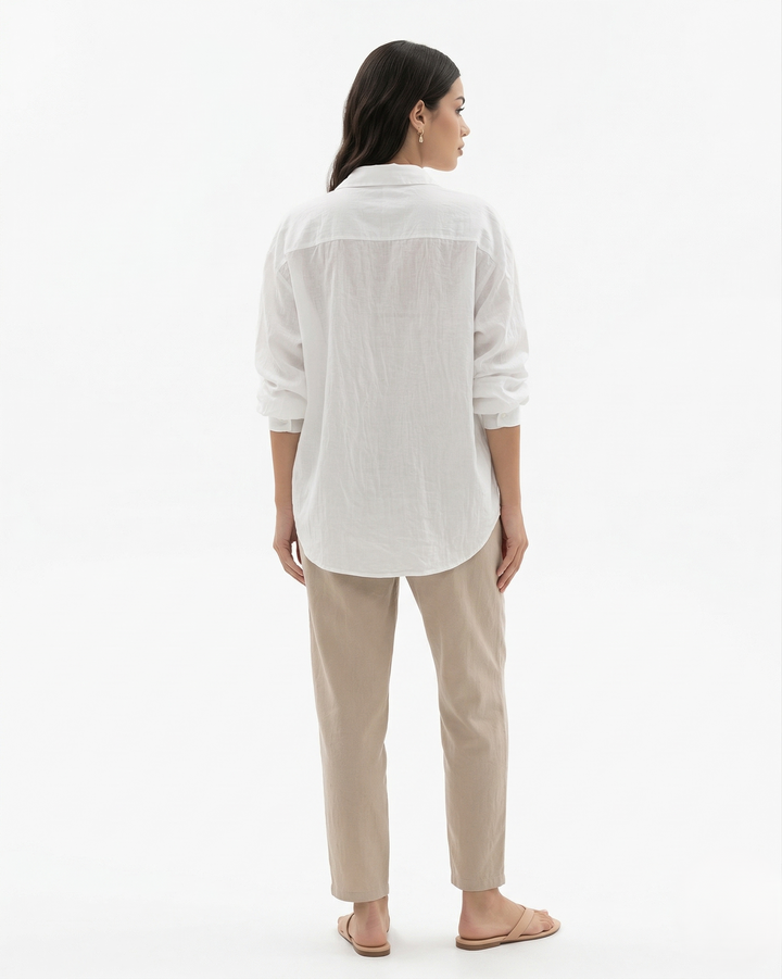 Collared Button Placket Linen Blend Long Sleeve