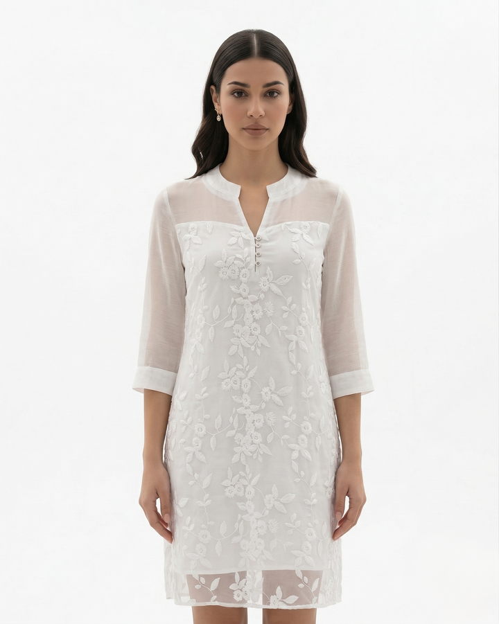 Floral Embroidered Mesh Midi Dress Notch V Neck Sheer Sleeve