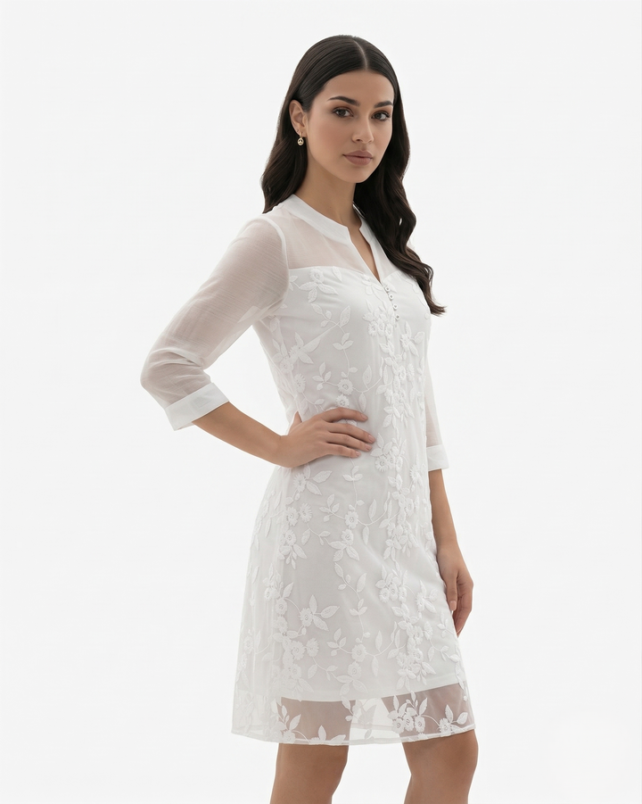 Floral Embroidered Mesh Midi Dress Notch V Neck Sheer Sleeve