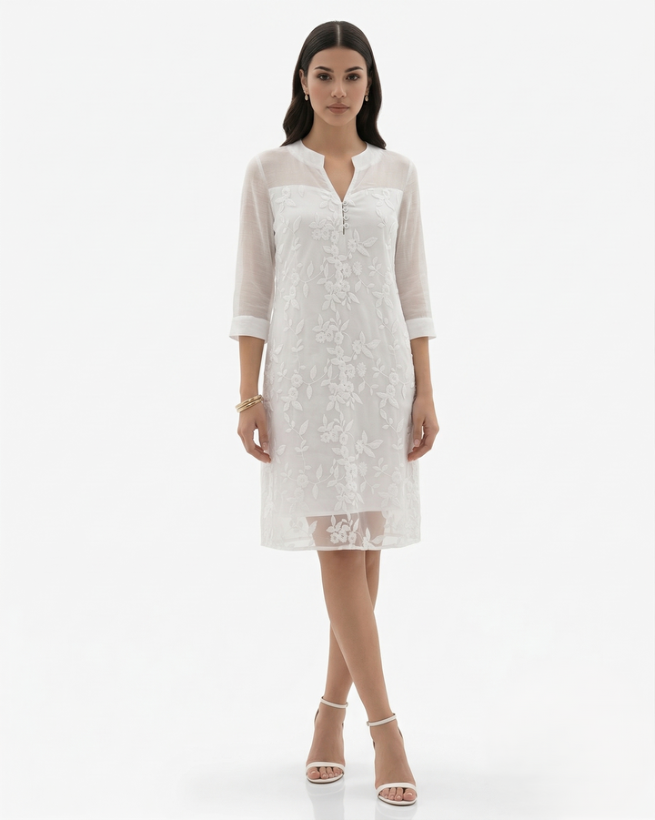 Floral Embroidered Mesh Midi Dress Notch V Neck Sheer Sleeve