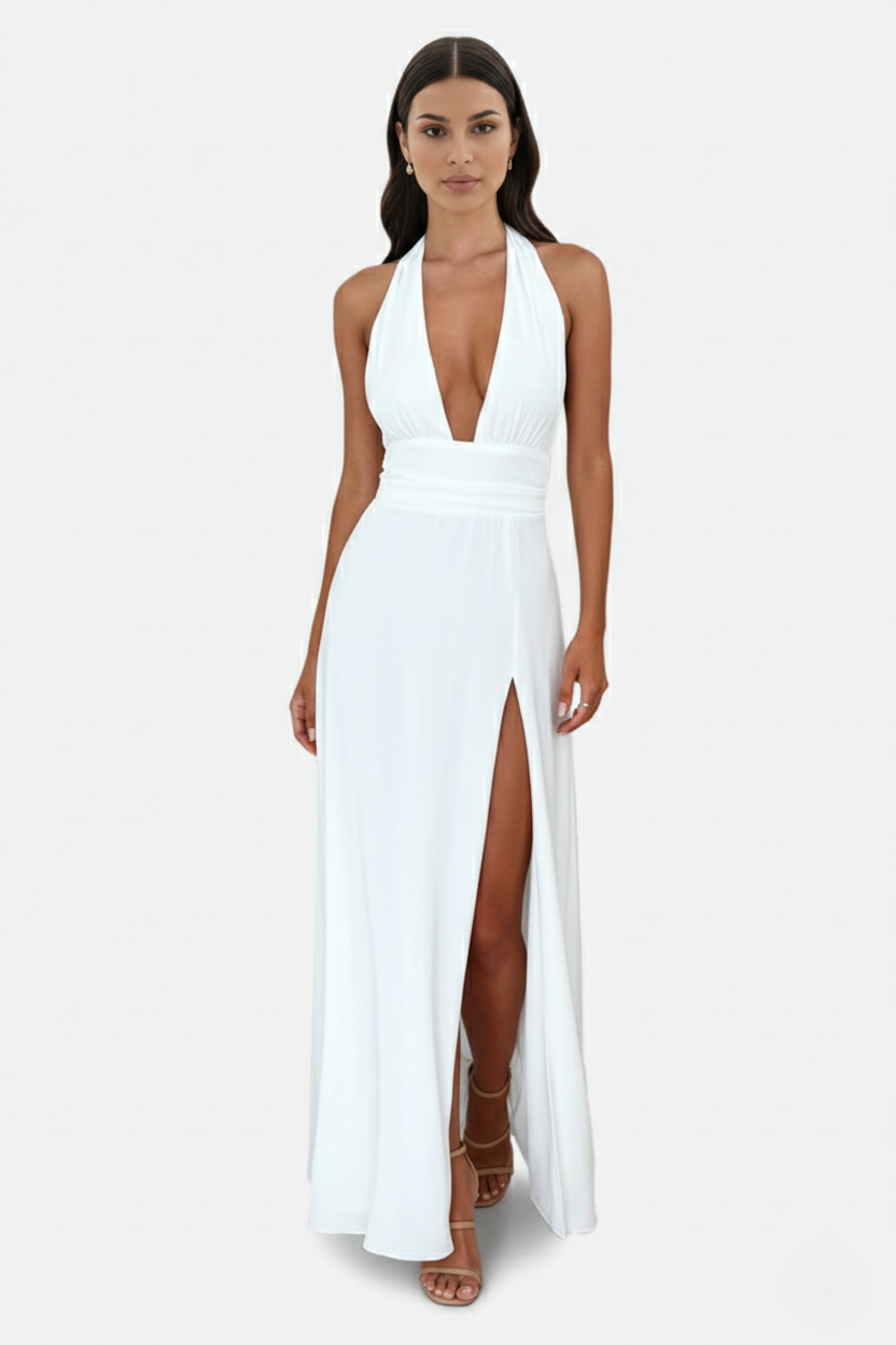 Halter V-Neck Cross Back Bow Tie High Thigh Slit Maxi Dress