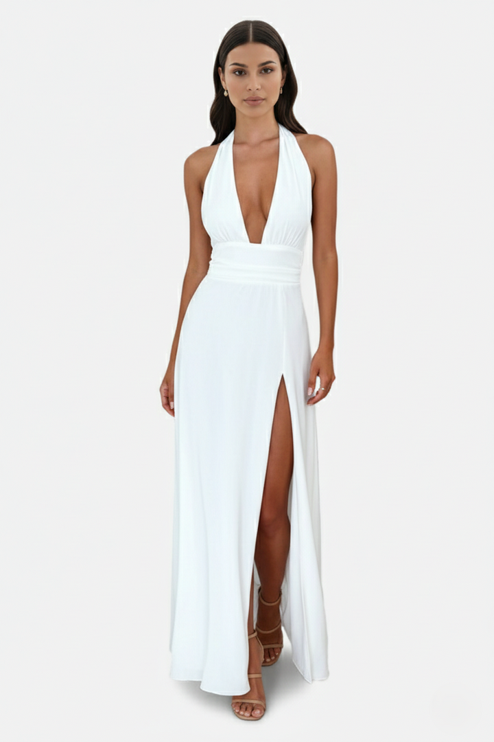 Halter V-Neck Cross Back Bow Tie High Thigh Slit Maxi Dress